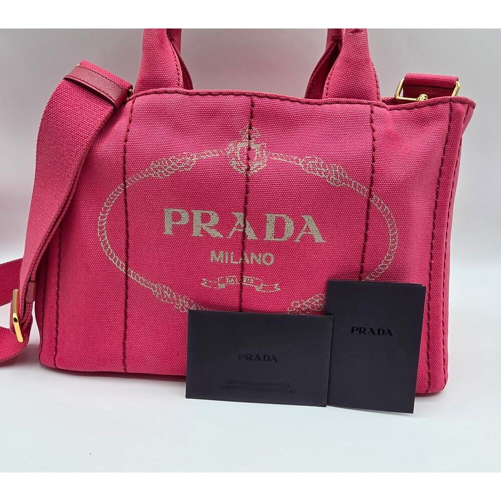 Prada Canapa Mini Tote Pink Canvas Crossbody Bag Logo Strap + Dust Bag Auth - Picture 2 of 16